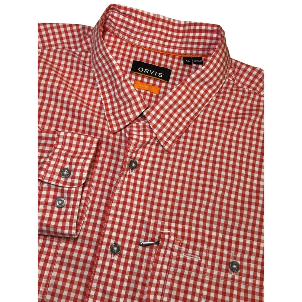 ORVIS Mens XL Red White Gingham Check Active Fit‎ Shirt Long Sleeve Button Up